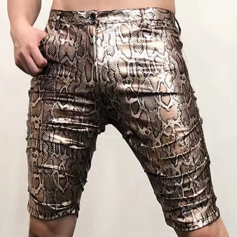 Gold Silver Snake Pattern Shinny Leather Shorts Men's Costumes Anti-bright PU Shorts Sexy Nightclub Elasticity Motorcycle Shorts