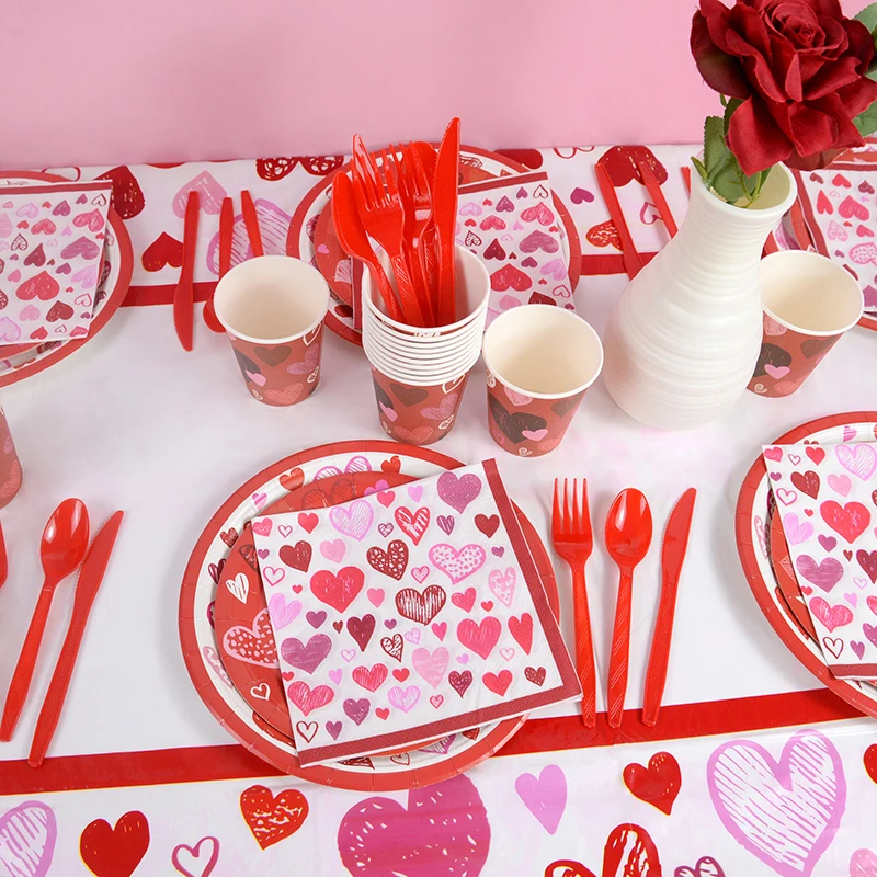 1/8/16pcs Valentine’s Day Party Heart Cups Tissues Plates Red Heart Disposable Tableware Set Wedding Party Love Decoration