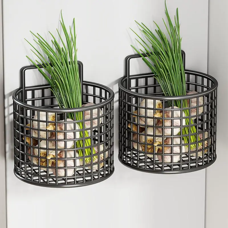 1/2/3 Grid Wall Mounted Kitchen Shelf - Metal Wire Basket Organizer, Pantry Garlic Ginger Storage Hanging Rack Holder