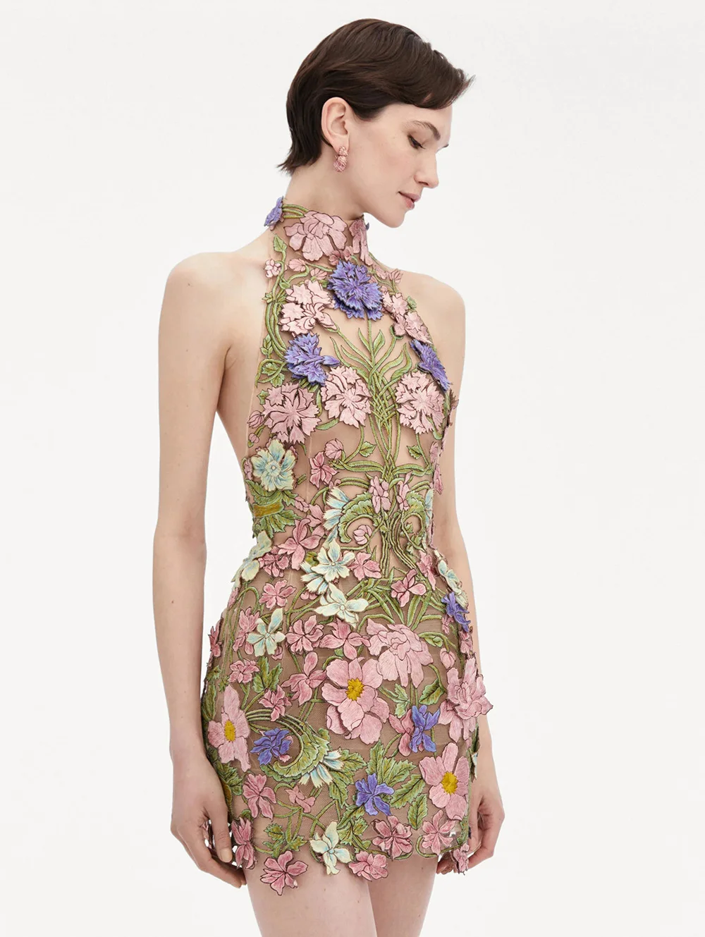 

Luxury Perspective Embroidery Dresses Spring Women Sleeveless Halter Mini Dress New Summer High Waist Backless Package Hip Dress