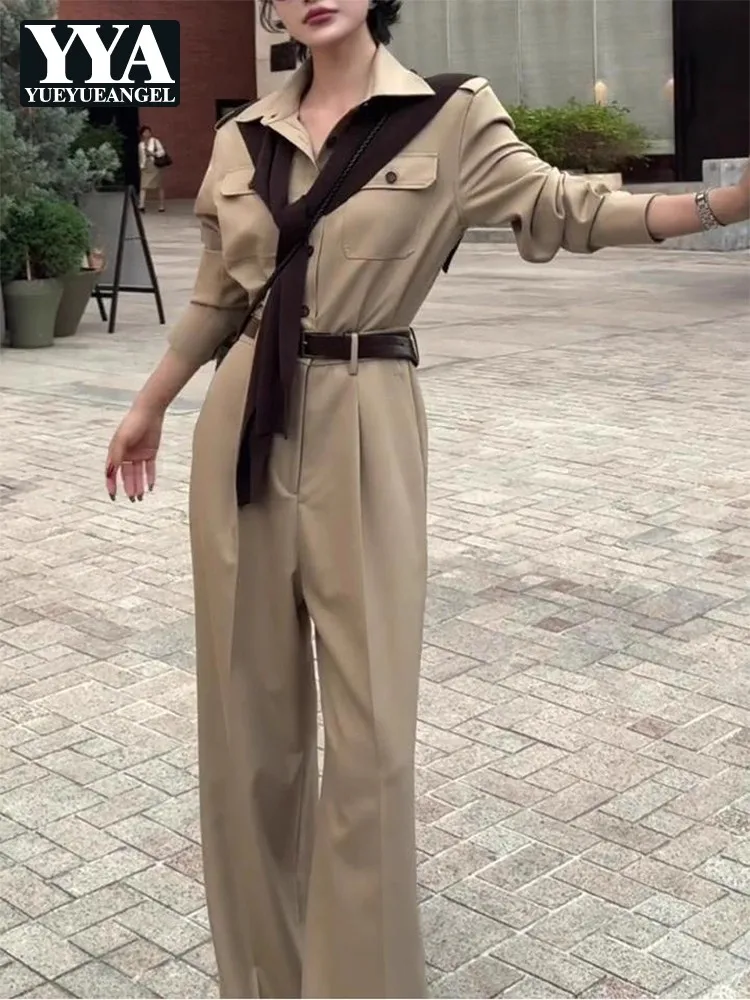 

Office Lady Fashion Jumpsuit Spring Autumn Long Sleeve High Waist Khaki Rompers Women Single Breasted Loose Fit Straight Pants
