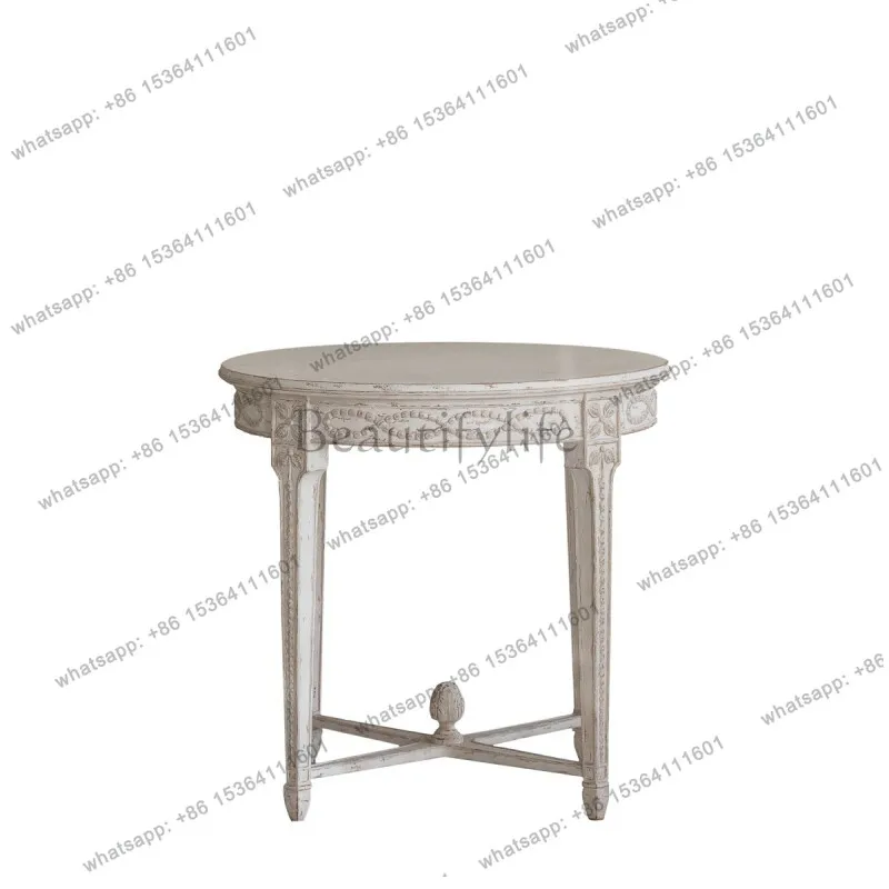 American French country retro solid wood carving flower coffee table small round table living room table