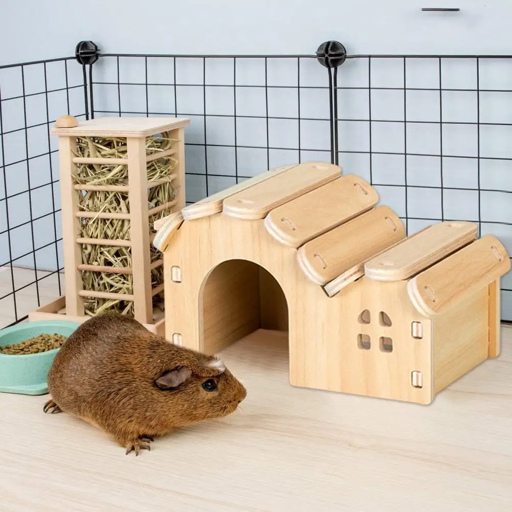 Hamster House Guinea Pig House Hide Wooden Hut Habitat with Doors and Window Hamster House Small Animal Habitat Cage Accessories