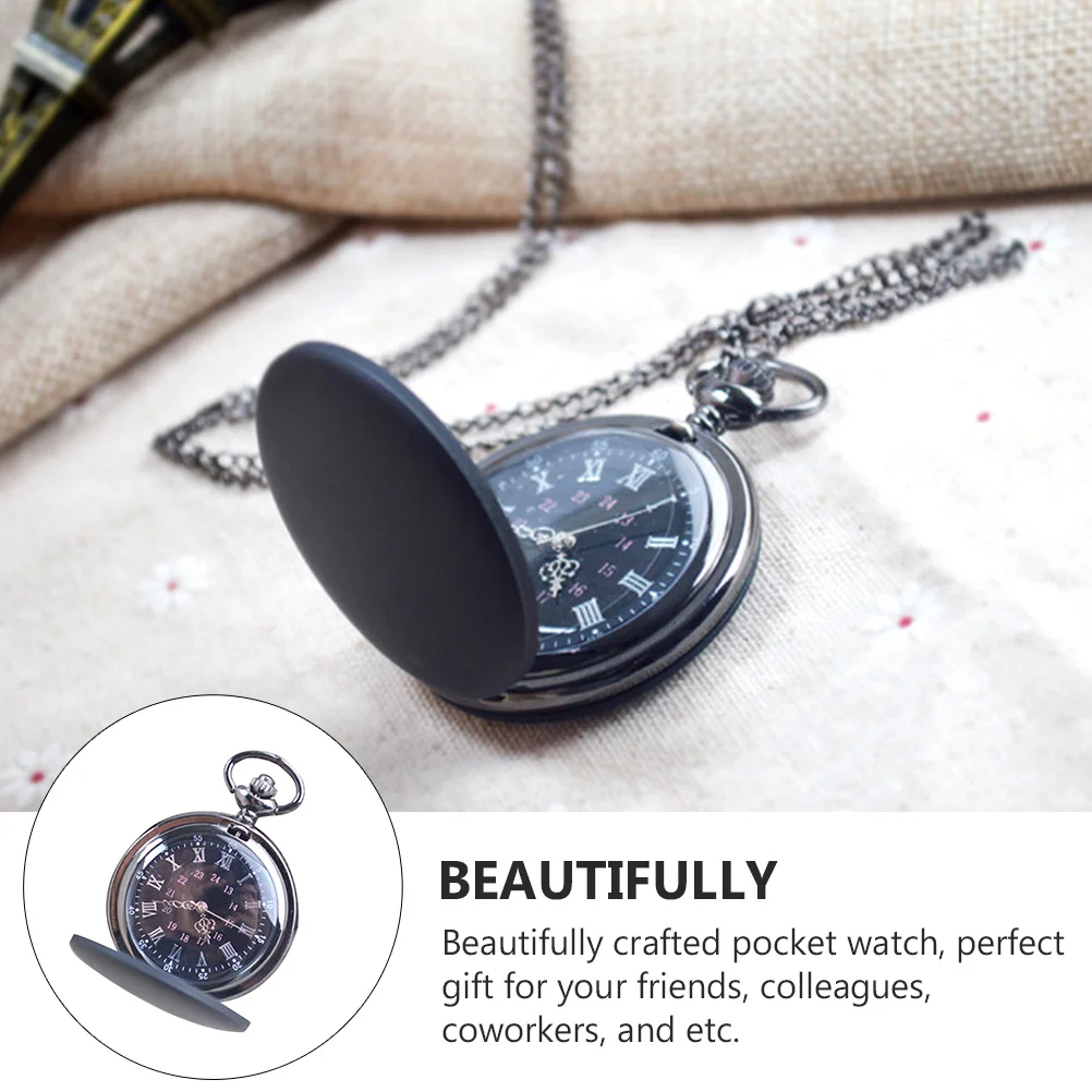 Mattschwarze Quarz-Taschenuhr, kleine, leichte, tragbare Retro-Uhr für Männer und Frauen mit Kette, Vintage-Design