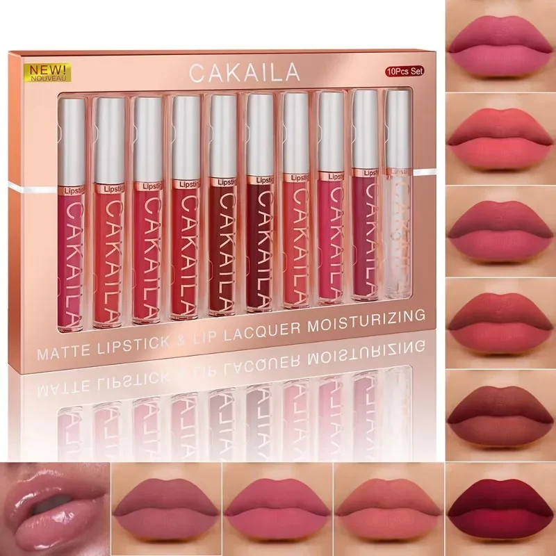 10Pcs/set Waterproof Long-Lasting Matte Liquid Lipstick + Transparent Clear Lip Oil Lips Makeup Set Nude Velvet Lip Gloss Tint