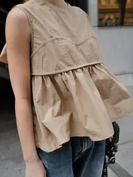 Kuzuwata All-match O Neck Sleeveless Loose Blouses Simple New Lace Up Peter Pan Shirt Japan Patchwork Ruched French Style Blusas