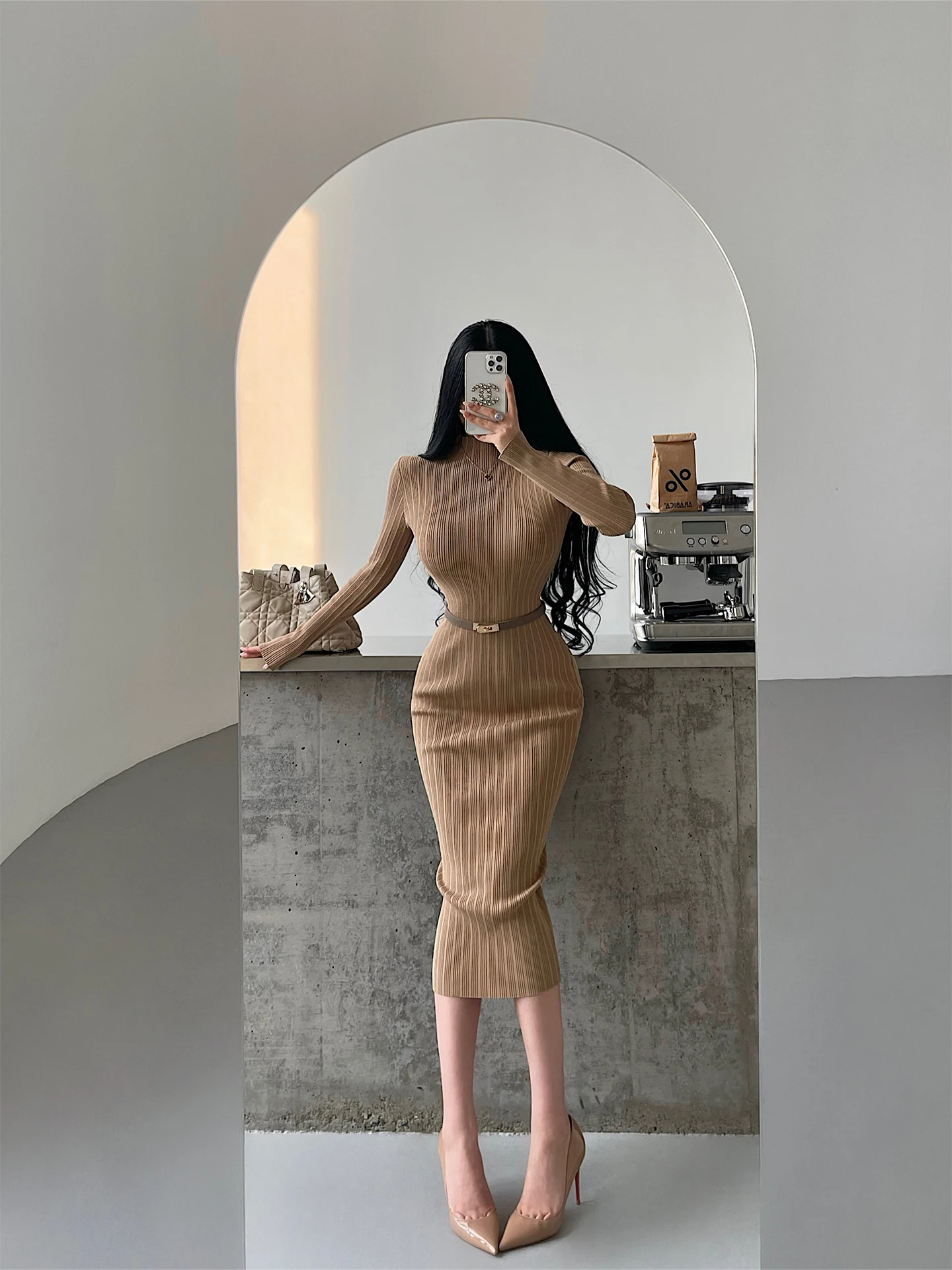 

Длинное трикотажное платье Slim Fit Long Sve, облегающее платье средней длины для молодых девушек, Pure Desire Sle f, китайское женское платье с высоким воротником