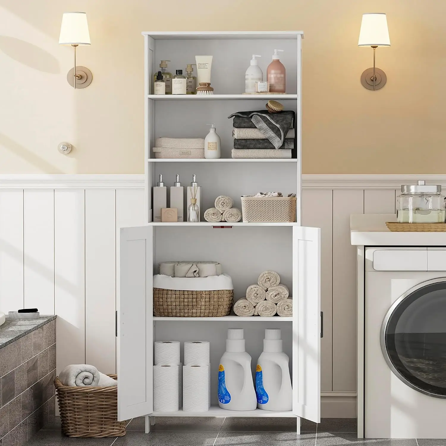 Tall Bathroom Storage Cabinet, Freestanding Floor Linen Tower Organizer With Adjustable Shelves And Double Doors, Farmhouse Pantry Cupboard Rack For Living Room Laundry Room, White view 6
