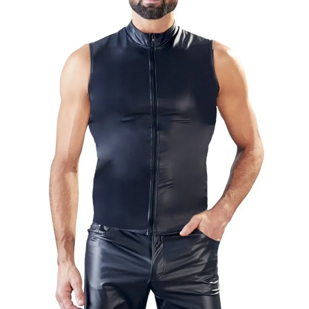 Man Male Tops Vests Leathe M-2XL Mens Nightclub PU Costume Vintage Faux Leather Zip Party Sexy Spandex T-shirt