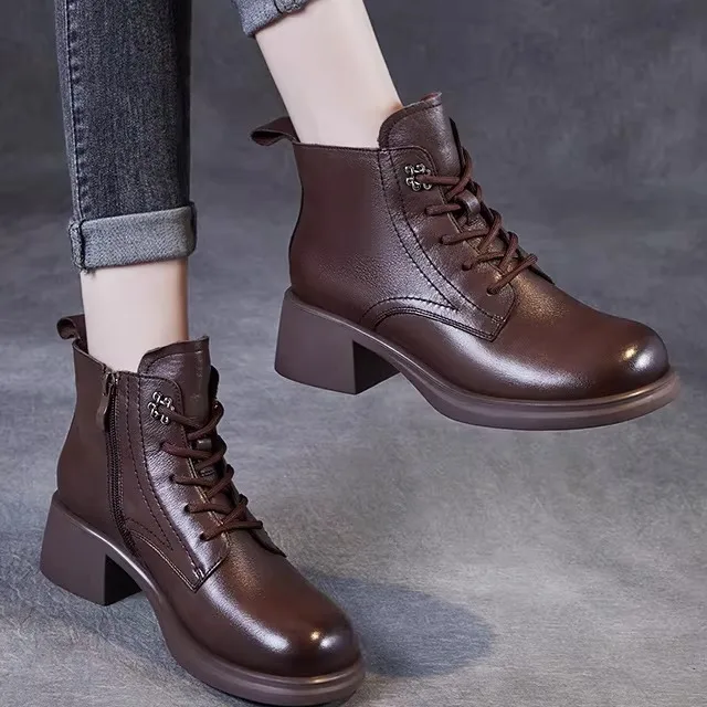 

Genuine Leather Short Boots Women's Boots Soft Leather Fashionable Foot-shrinking British Style High-Top round Toe Boots