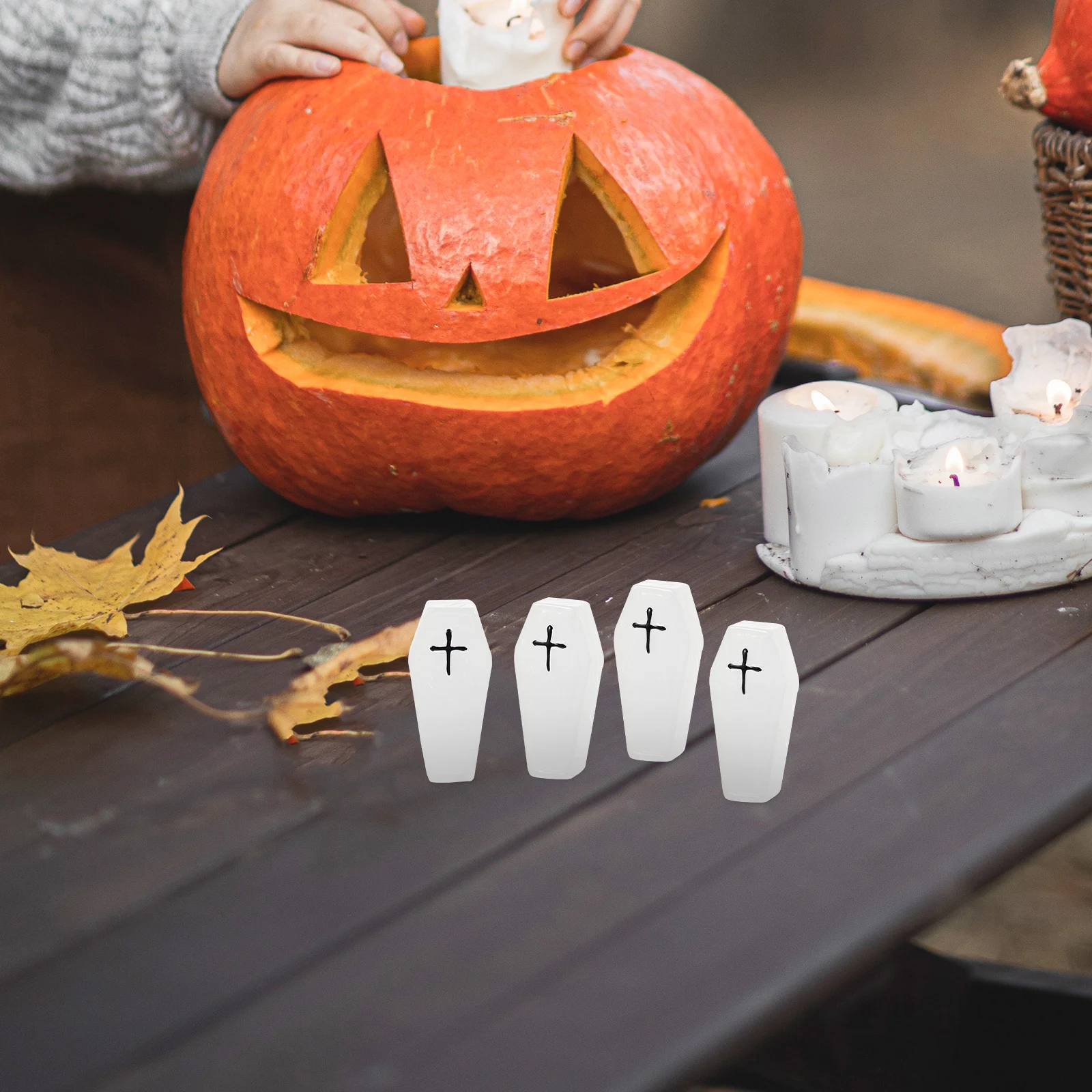 

4pcs Luminous Cross Coffin Ornament Synthetic Resin Halloween Decorative Props Party Filler Night Light Use