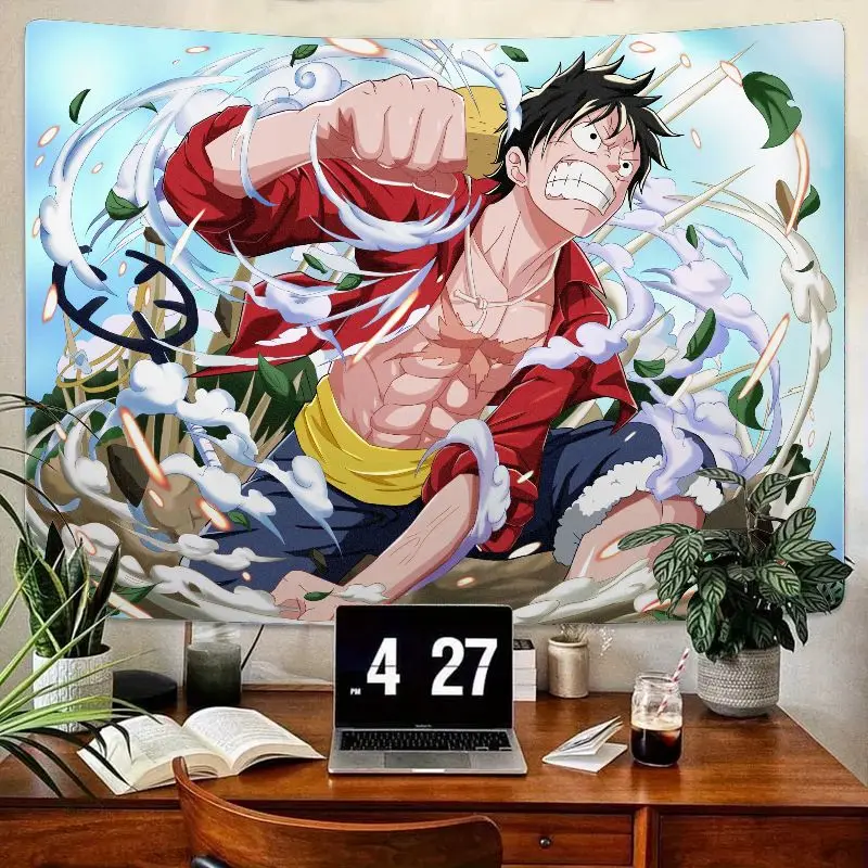 1 tapiz de One Piece Monkey D. Luffy Anime, arte de pared de Pose de acción dinámica, rojo, azul y blanco, perfecto para decoración de dormitorio y sala de estar