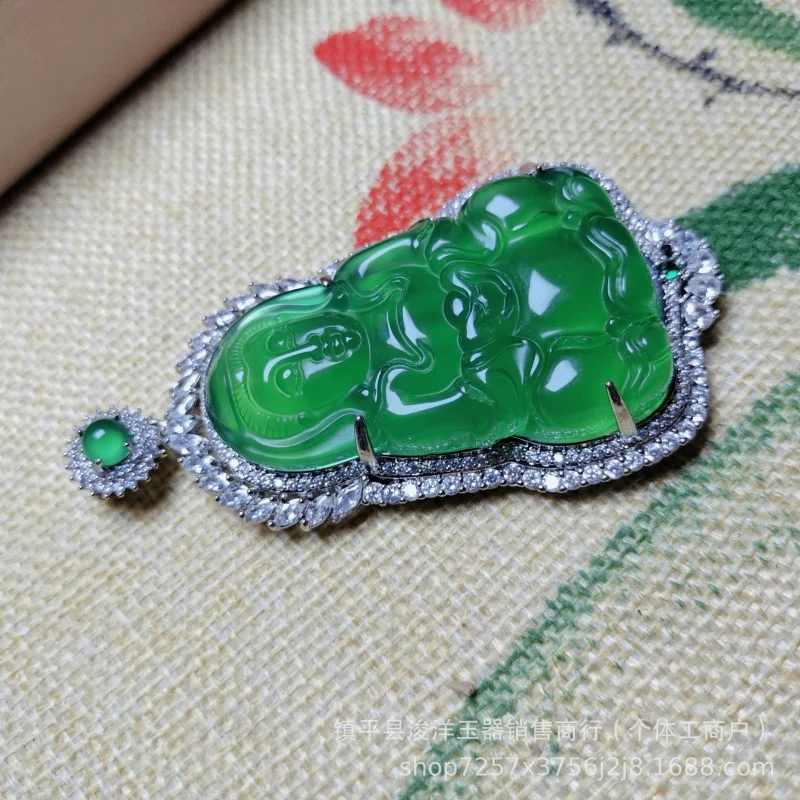 Silver-plated inlaid high-quality ice green jade , Guanyin pendant, agate jadeite ornament