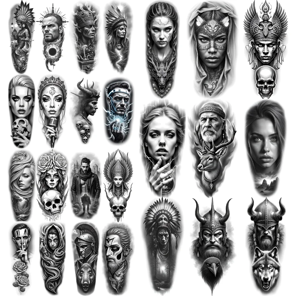 

12pcs Temporary Tattoo Grim Reaper Waterproof Long-lasting Body Stickers Warrior With Helmet Mystical Hooded Figure For Men