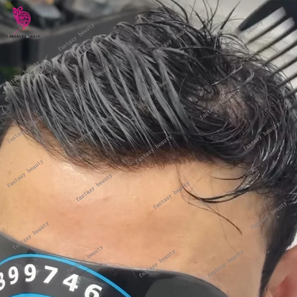 

Natural Hairline Black Human Hair 0.02mm Super Light 90% Density #1B #1C Hair Replacement Hairpieces for Bald Man Vloop Skin Wig