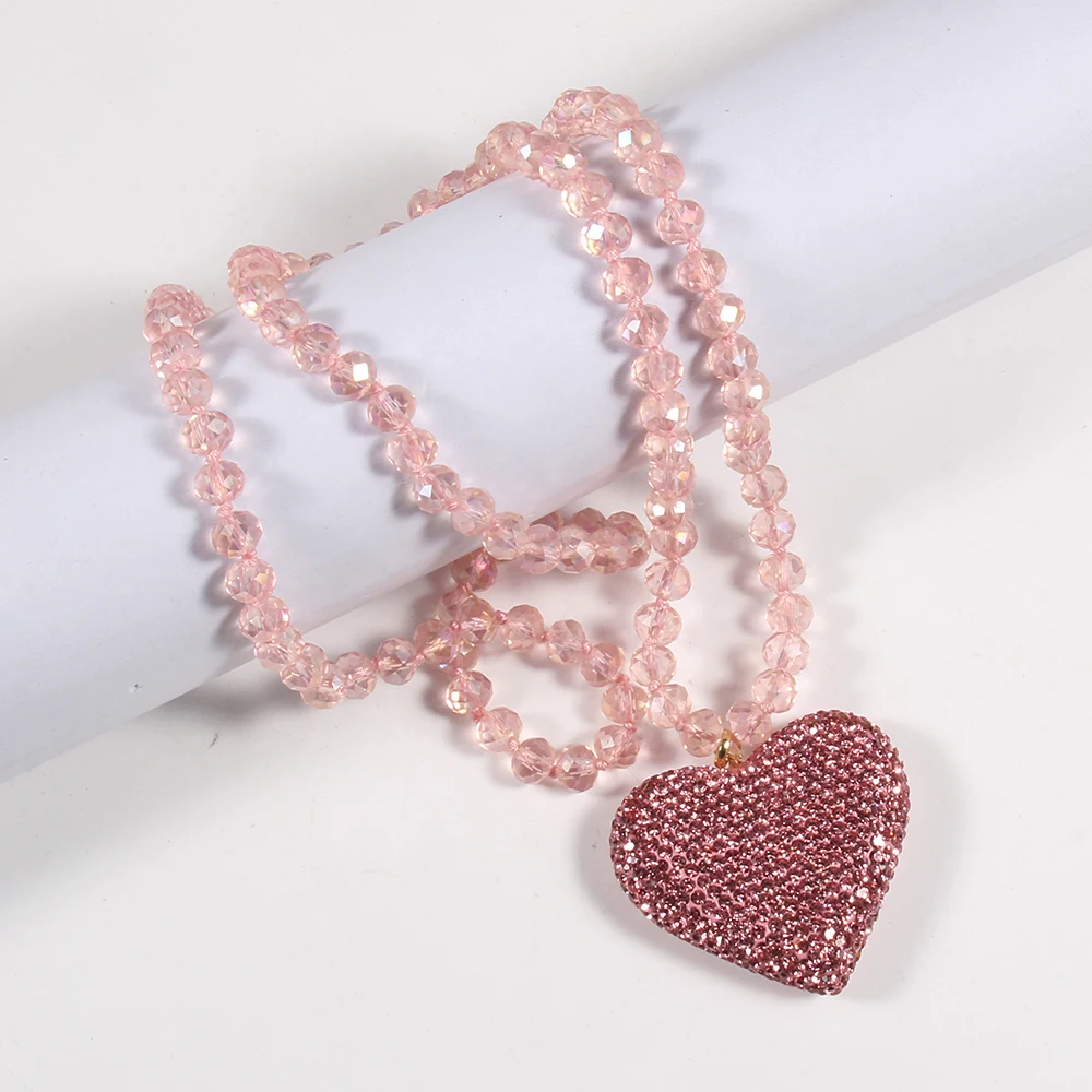 RH Fashion Boho Style 8mm Shiny Crystal Glass Knotted Necklace Rhinestone Heart Pendant Necklace Sweater Chain