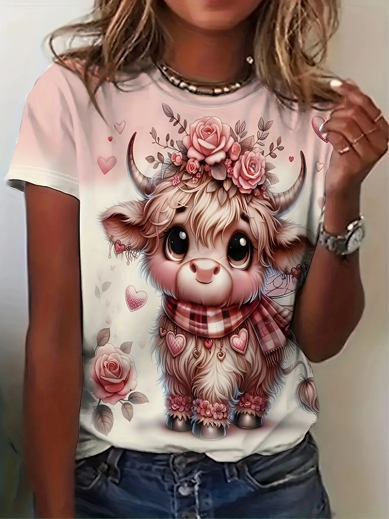 Pastel Pink Floral Cow Women's Tee - Cute Fluffy Calf & Rose Heart Graphic, Sweet Romantic Print Design for Casual Daily Wear
