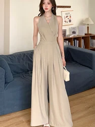 French Elegant Sleeveless Jumpsuit Women V Neck Lace Up Waist Slim Wide Leg Long Pants Summer Casual Office Clothing