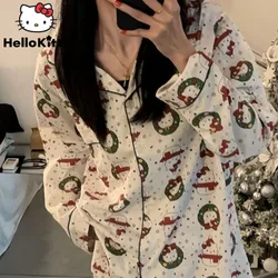 Sanrio Cute Hello Kitty Cartoon Printed Pajamas Women Spring Autumn New Home Clothes Set Japanese Style Harajuku Trend Sleepwear