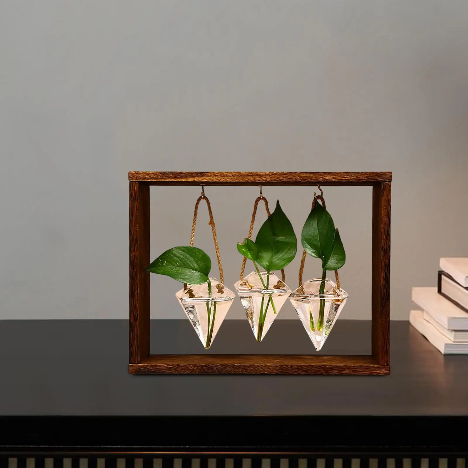 

Clear Glass Hydroponics Vase with Wood Frame Stylish Indoor Plant Stand for Home Office Shelf Decoration