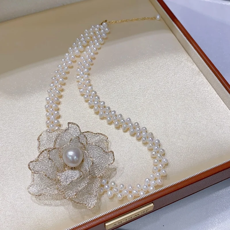 SGARIT New Arrival Pearl Jewelry Italian Craftwork Flower Lace 3-11mm 14k Filled Gold Natural Pearl Chocker Necklace Jewellery
