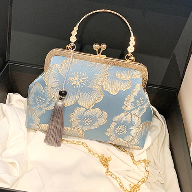 Classic Silk Women Bag Fashion and Elegant Clip Bag High Quality Embroidered Handbag Shoulder Bag