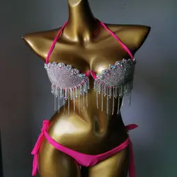 Sexy Rose Rhinestones Bikini Tassel Crystal Bra Shorts Bar Nightclub Outfit Party Model Show Pole Dance Costume