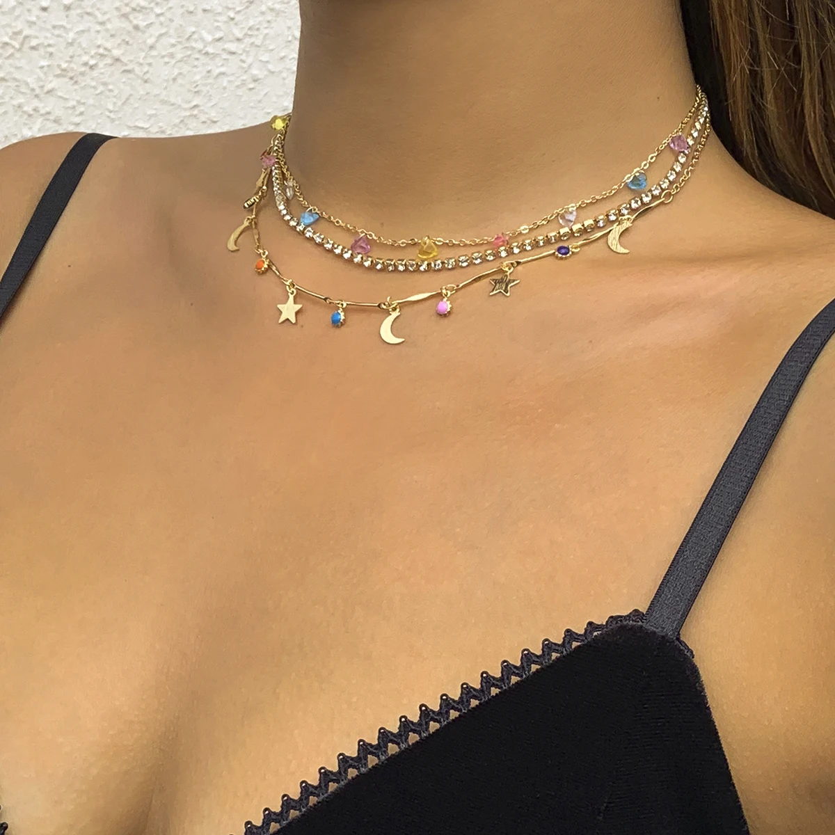 Boho Layered Chain with Stars/Moon Pendants Necklace for Women Trendy Rhinestone Short Choker Necklace 2022 Fashion Neck Jewelry - Image 2