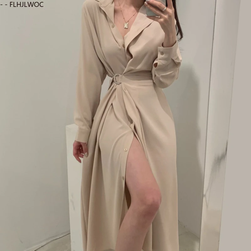 Chic Korea Kleding Vrouwelijke Vestidos Nieuwe Mode Vrouw 2025 Herfst Lange Mouw Een Stuk Lace-Up Lange Shirt jurk