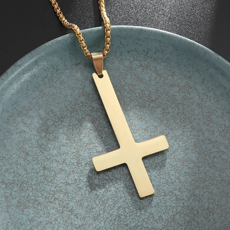 Stainless Steel Simple Inverted Cross Necklace Pendant for Men and Women Evil Devil Symbol Power Alternative Jewelry