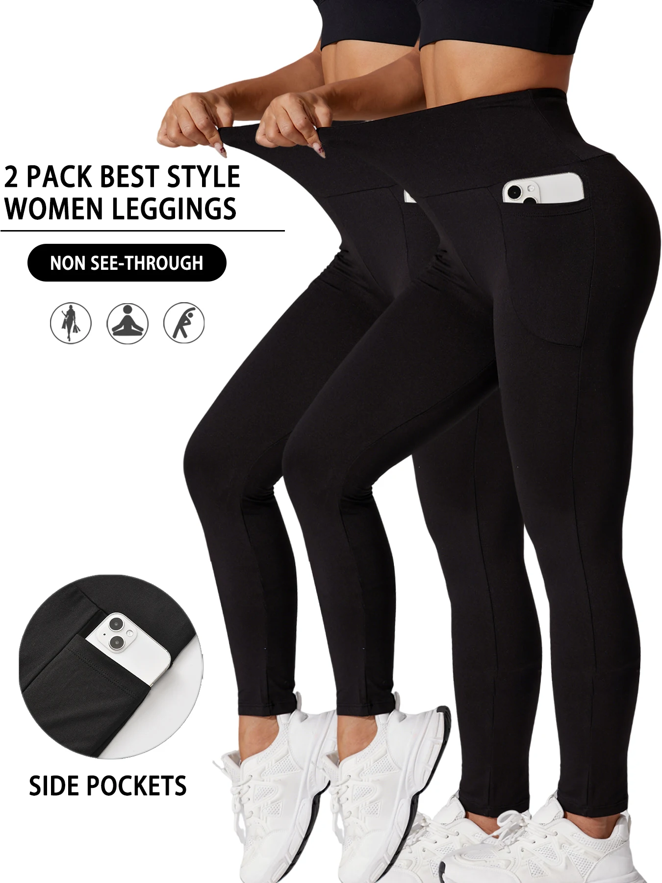 

2 Pack Super Soft Sports Leggings With Pockets For Women High Waisted Workout Yoga Running Tight Pants Push Up Gym Fitness