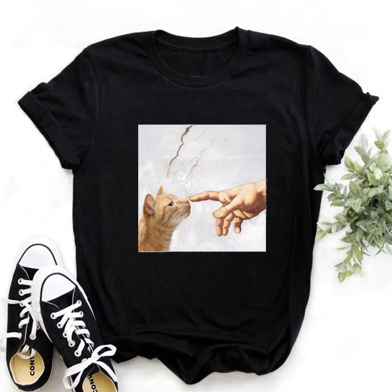 Cat Van Gogh T-Shirt Women'S Art Print Oil Painting Beautiful Cute Funny T-Shirt 90s Cartoon Ulzzang Casual Top T-Shirt Women