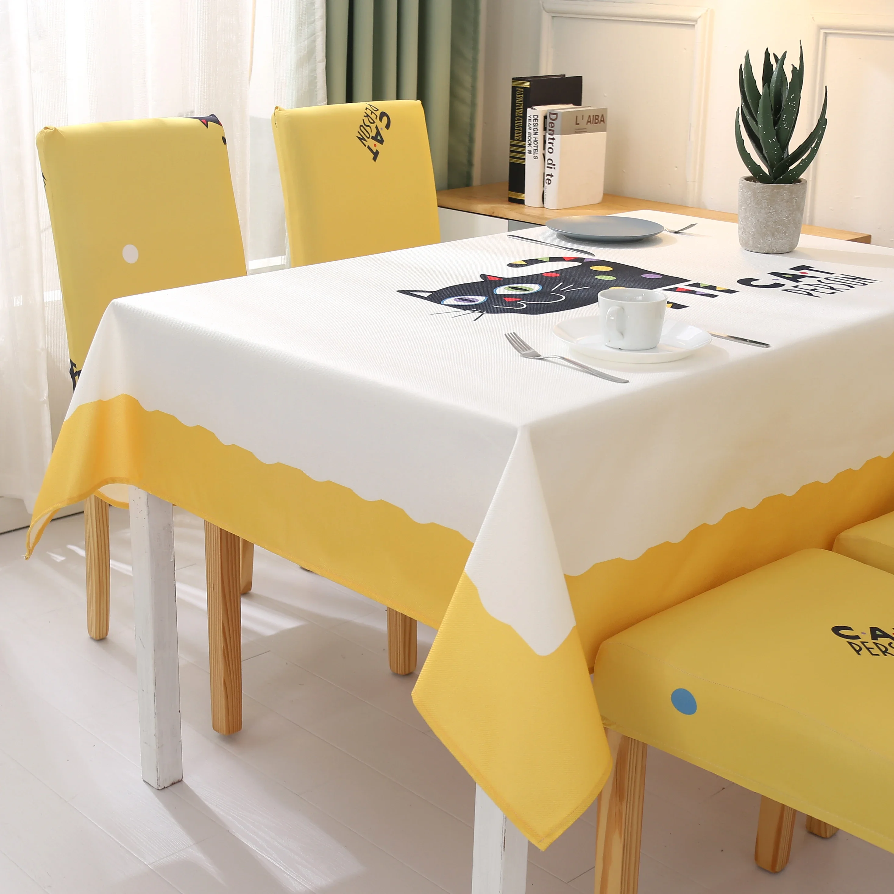 Waterproof Dining Table Cover, Cotton Linen Tablecloth, Rectangular with Spandex Chair Covers Set