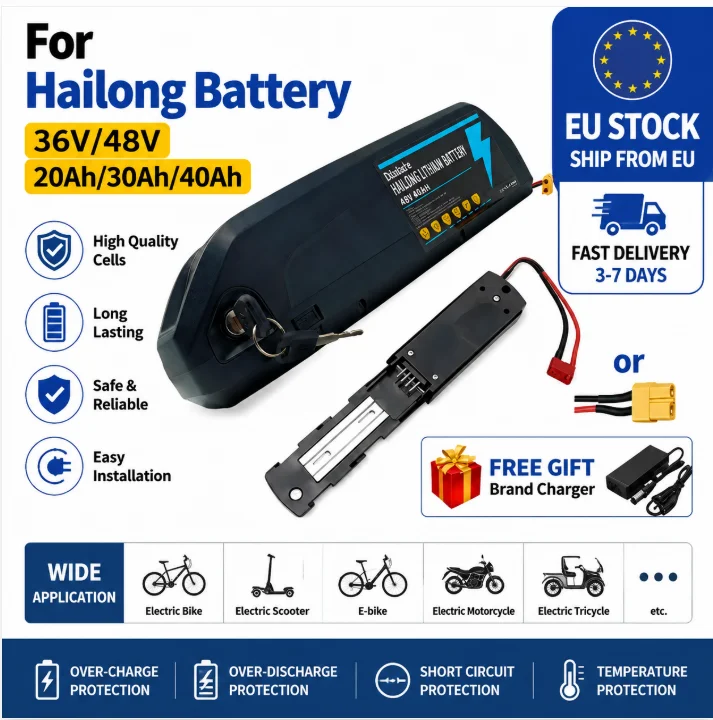 Magazyn w Polsce, lokalny zapas w UE, wysokowydajny akumulator litowy Hailong do rowerów elektrycznych 36V 48V 20Ah‑30Ah‑40Ah z wbudowanym BMS, szybkie ładowanie, długi zasięg, do silników rowerów
