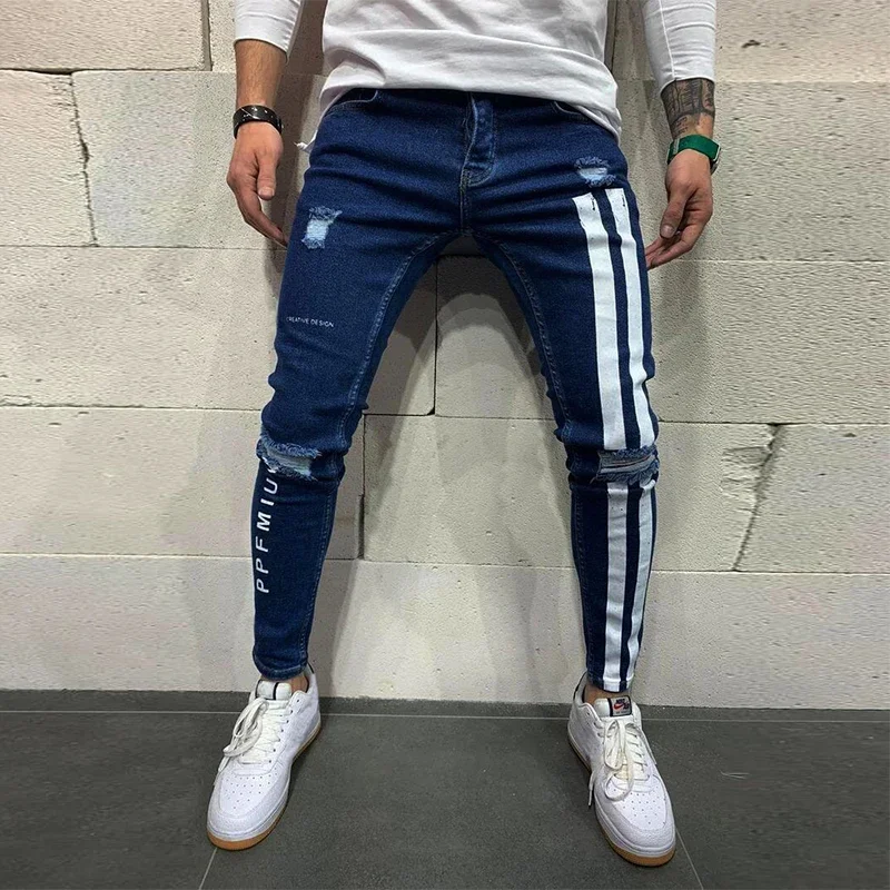 Men\'s Stretch Jeans Knee Holes Fashion Tight Small Foot Pants Large Size S-XXXL Spring And Autumn Leisure Sports Denim Pants