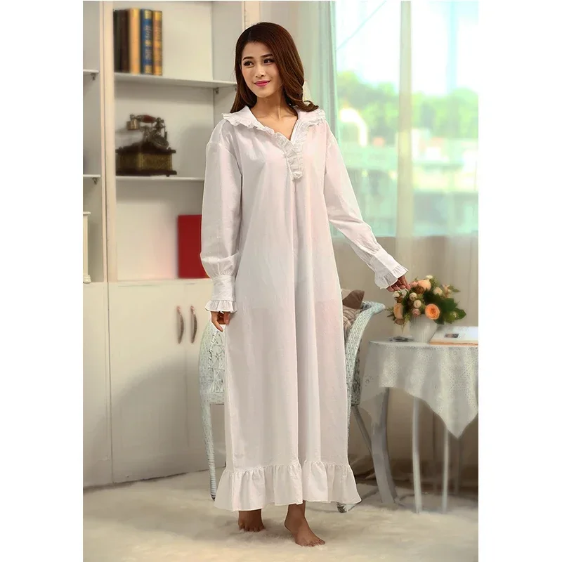 Vintage Nightgowns Dressing Gown Nightdress Pure Cotton Victorian White Night Dress Women Spring Fall Long Sleeve Robe Peignoir