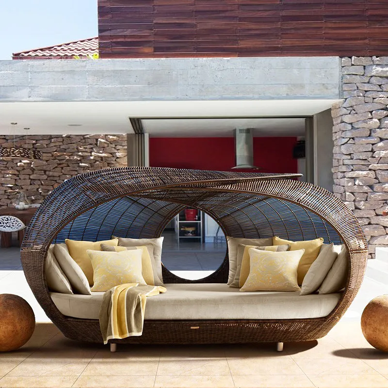 Outdoor Lounger Garden Courtyard Villa Sun Bed Rattan Lounger