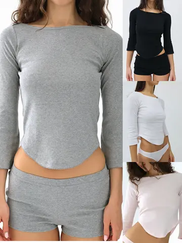 Cou Autunno Manica a tre quarti Rosa Girocollo T-shirt a maniche lunghe Orlo a forma di V Design Grigio Top Moda casual Top bianco Design in pizzo Top nero