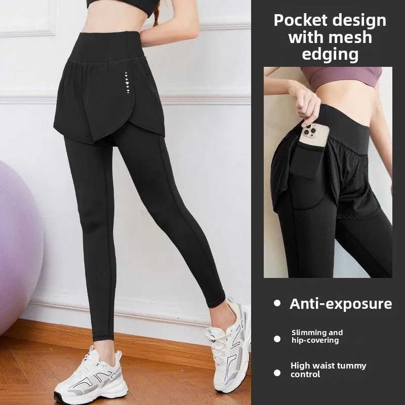 Women's High-Waist Slimming Yoga Pants Quick-Dry Running Fitness Long Pants Breathable Sportswear Two-Piece Suit Fitness Shorts