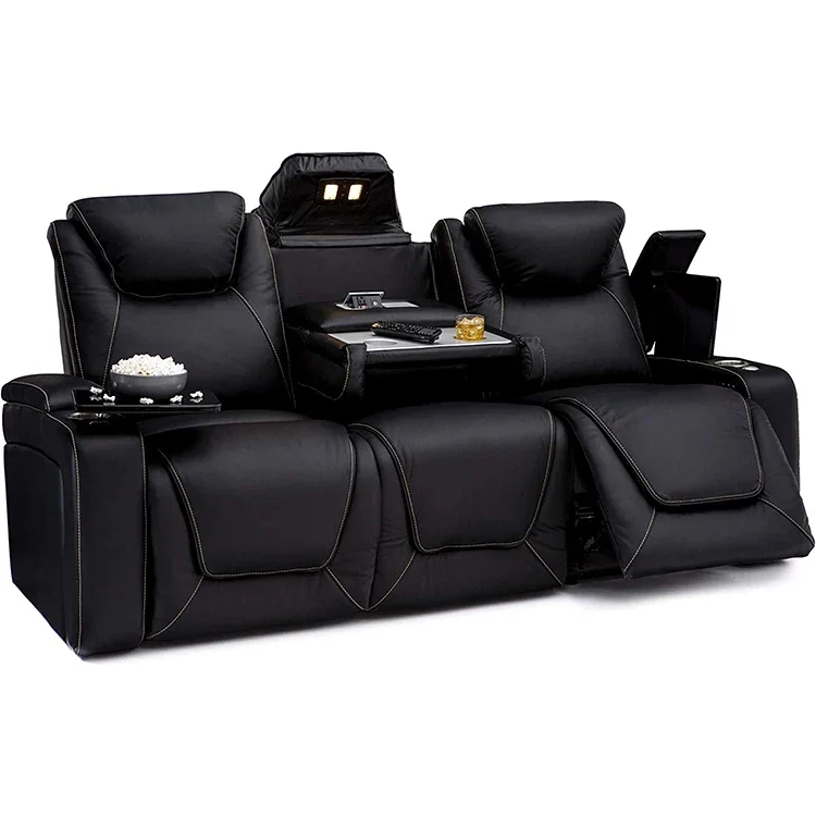 Movie Electric Power Recliner Cinema Home Theater Genuine Leather Sofa Set With Led Light And Coffee Table Cup Holder