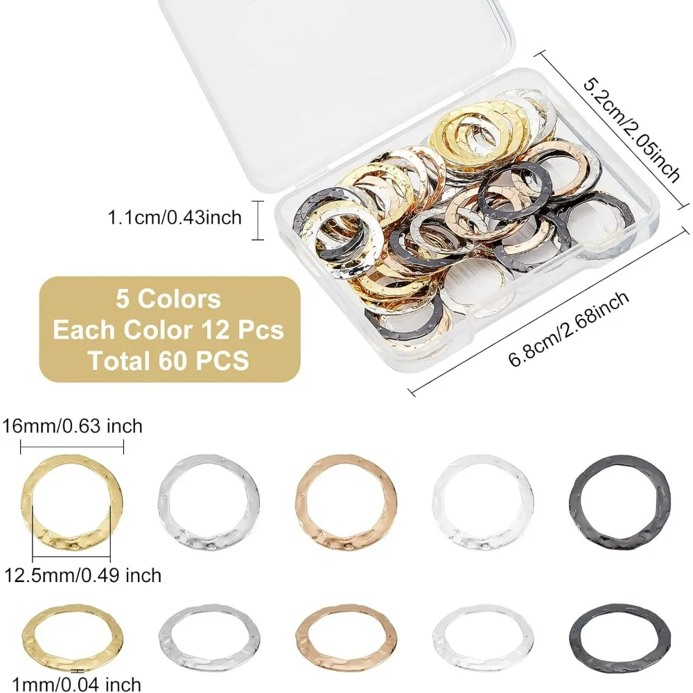 60 Pcs 5 Colors Brass Hammered Circle Link 0.63 inch(16mm) Brass Hammered Linking Rings Pendant Tibetan Style Metal Circles