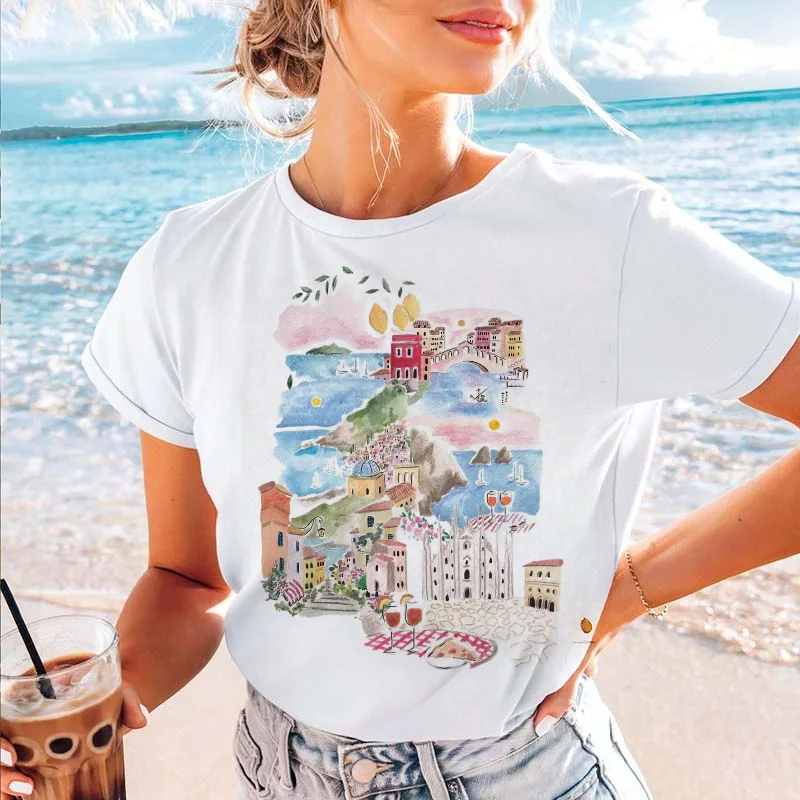 

T-Shirt Short Sleeved Women's Sweet Vacation Beach Travel Printed Summer Clothing Regular Casual Round Neck Fashionable T-Shirt