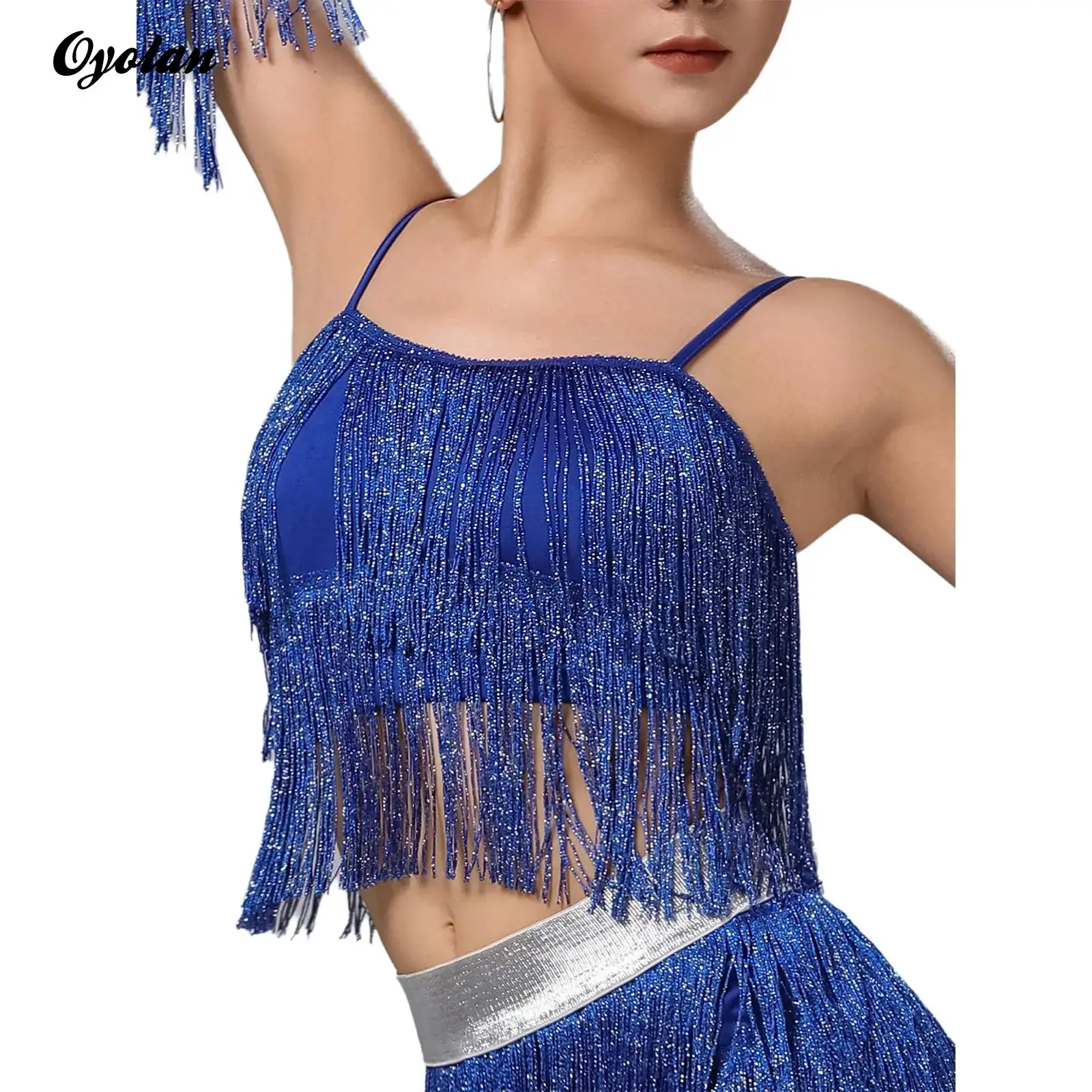 

Womens Latin Chacha Tiered Tassel Dance Tops Swing Shiny Fringe Camisole Crop Tank Tops Salsa Tango Ballroom Performance Costume