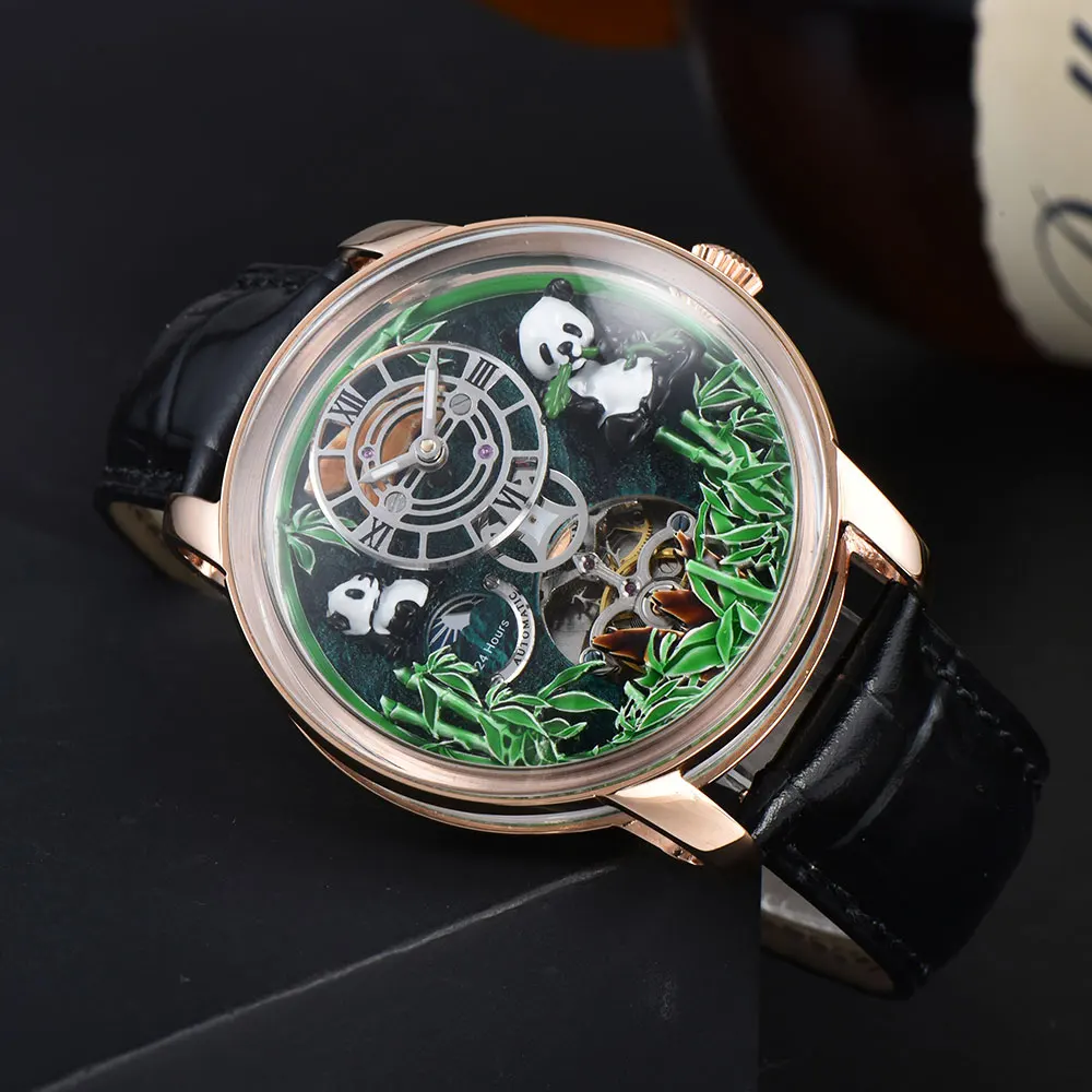 

men's watch 46mm Panda Special Edition Business Automatic watch water-resistant 5Bar mineral glass leather strap