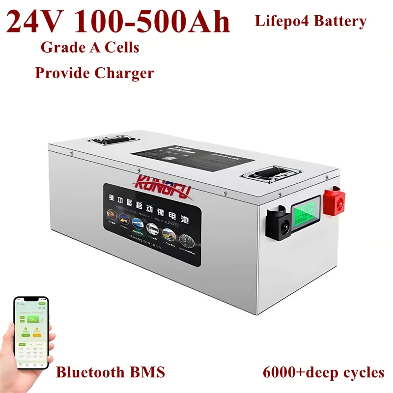 KF 24V 200ah Lifepo4 Battery 100Ah 150Ah 250Ah 300Ah 350Ah 400Ah 500Ah Rechargeable for 2000W Solar System UPS Trolling Motor