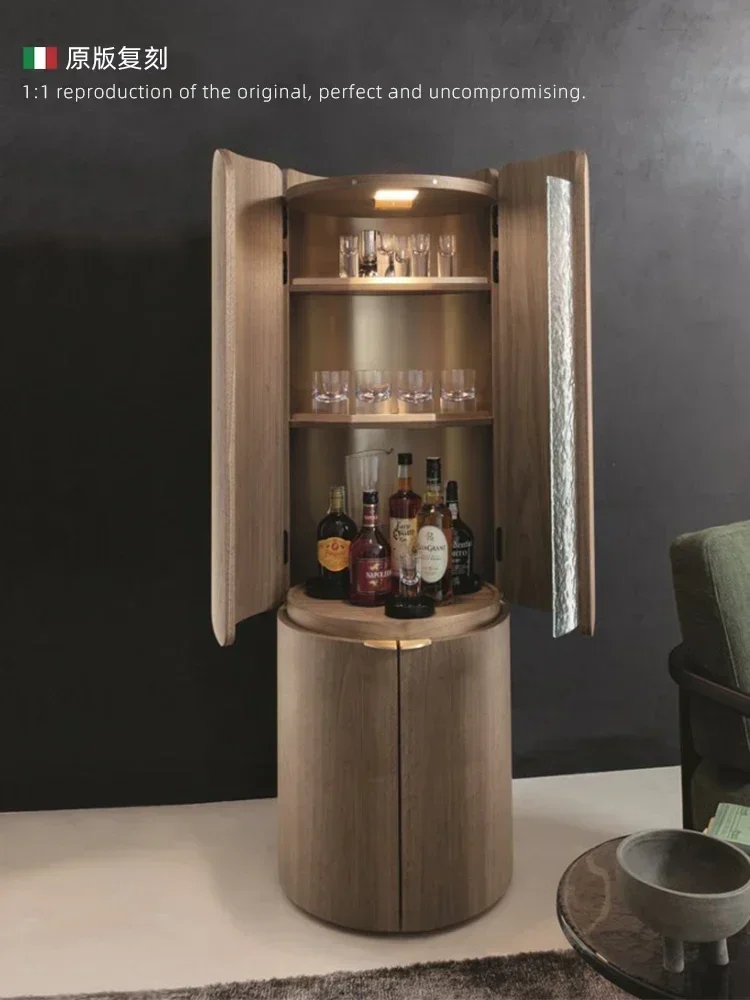 

Italian walnut wine cabinet with light designer round Italian light luxury high-end solid wood bar cabinet