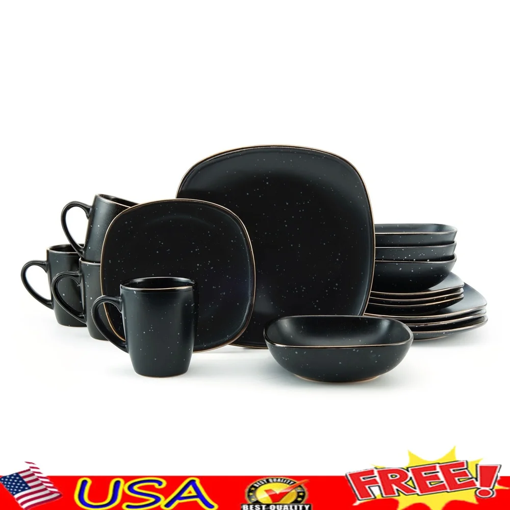 

Набор столовой посуды из камня, 16 предметов, квадратные тарелки, миски, кружки, можно мыть в посудомоечной машине, безопасный для микроволновой печи, черный блеск, металлический обод, сервис 4