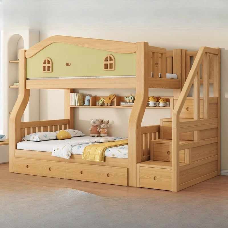 Solid wood upper and lower beds, bunk beds, small apartment type, child and mother multi-functional