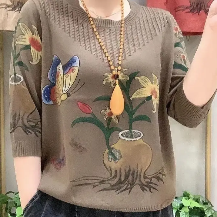 Autumn New Korean Simple Commuting Versatile Round Neck Pullover Sweater Women\'s Print Butterfly Middle Sleeve Loose Knitted Top