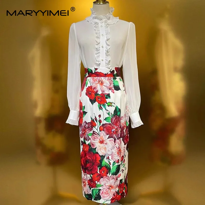 

MARYYIMEI Fashion design Women's Suit Ruffled-Neck Single-Breasted Tops+Slim-Fit Hip Wrap Print Skirt Silk 2-piece set